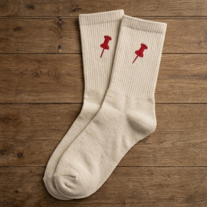 Calcetines con una chincheta roja bordada
