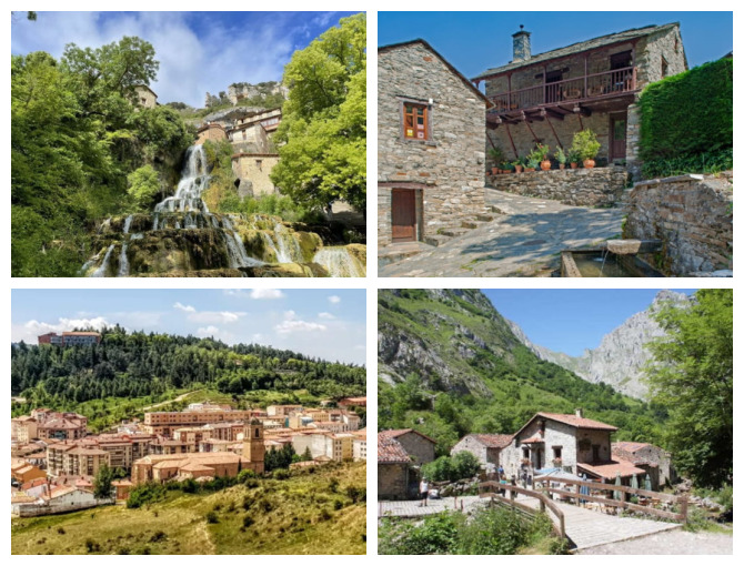 Collage de fotos de 4 destinos de la España Vaciada: Cascada de Orbaneja del Castillo (Burgos), arquitectura tradicional en Peñalba de Santiago (León), vista de Peñafiel (Valladolid) y paisaje de montaña en Bulnes (Asturias).