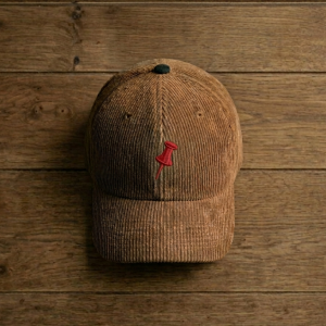 Gorra de tela de pana marrón con chincheta roja bordada