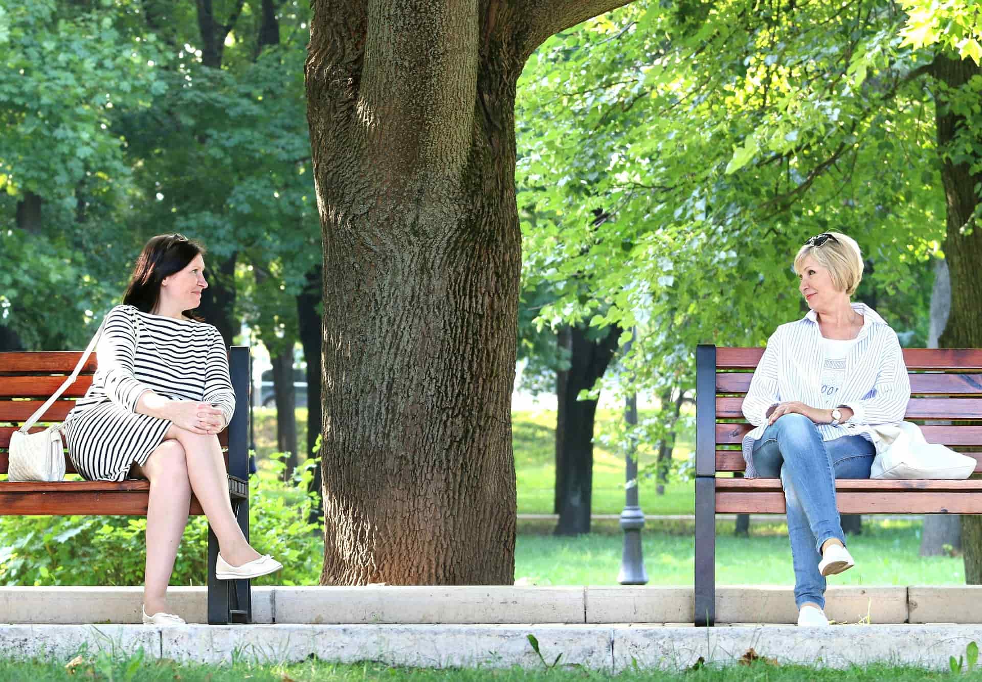Dos mujeres sentadas en bancos separados a los lados de un gran árbol en un parque.