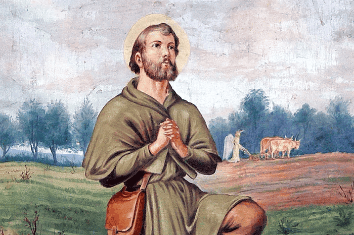 Ilustración religiosa San Isidro arrodillado y rezando en el campo.