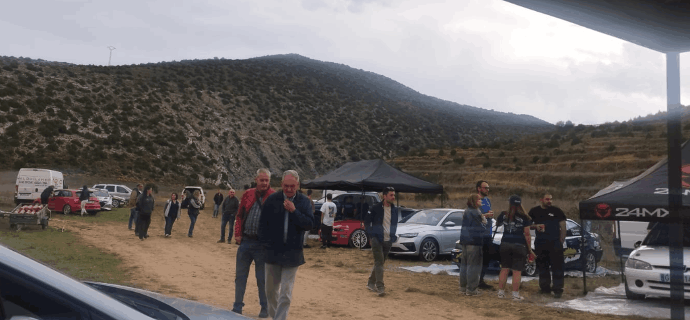Varios coches de rally, uno al lado de otro en un descampado al lado de una pequeña ladera. Hay pequeños grupos de gente viendo los coches.
