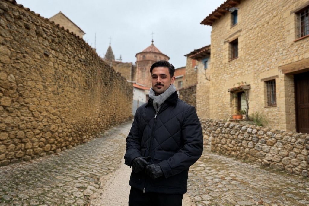 Joaquín Sierra, fundador de Ruralgo, posa en una calle empedrada de un pueblo de piedra de la España rural
