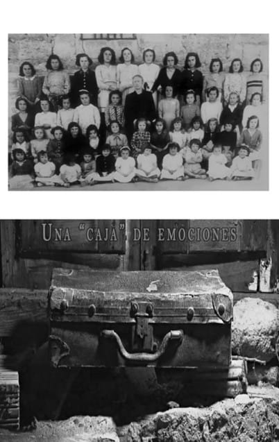 Imagen en blanco y negro dividida en dos partes: arriba, una foto escolar antigua de un grupo de niñas posando; abajo, un baúl antiguo desgastado con el texto "Una 'CAJA' de EMOCIONES"
