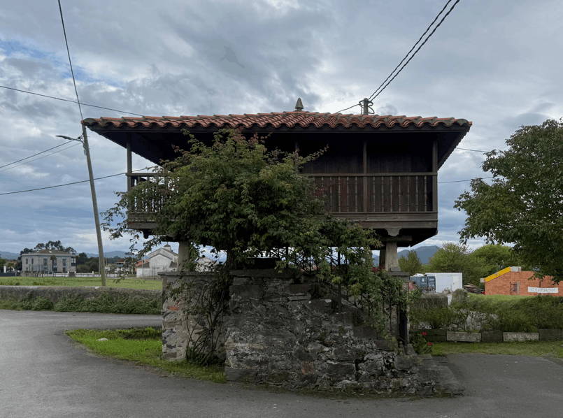 Hórreo tradicional de planta cuadrada con tejado de teja curva, sostenido sobre pilares de piedra (pegoyos), cubierto de vegetación y situado junto a un muro de piedra en un pueblo rural del norte de España, con cielo nublado y montañas al fondo.